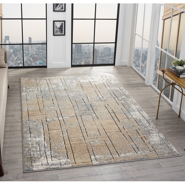 Jigsaw Abstract Block Pattern Rug Cascade Collection Geometric Abstract Block Neutral Area Rug - Bed Bath ...