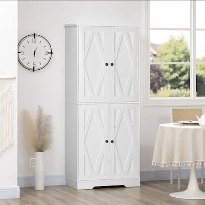 HOMCOM 71" Freestanding Kitchen Pantry, Farmhouse 4 Door Storage Cabinet with 4-Tiers and 2 Adjustable Shelves, White
