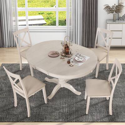 5 Piece Dining Table Set with Extendable Round Table & 4 Dining Chairs