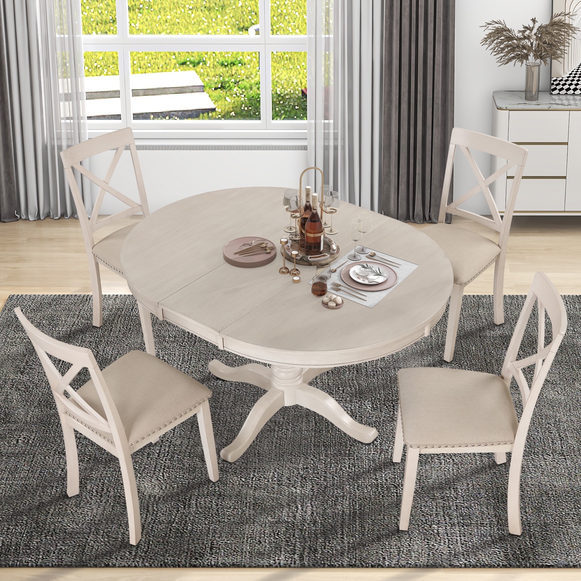 Extendable Dining Table, Round Table and Four Wooden Dining Chairs