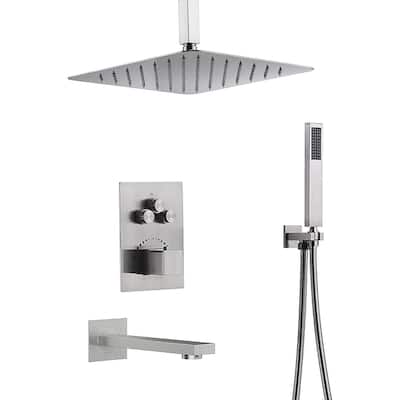 Brushed Nickel Ceiling Mount 12" Rainfall Shower Head 3 Way Thermostatic Shower Faucet w/ Tub Spout - Brushed Nickel