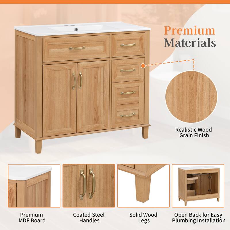 GDFStudio - Avalon Modern Freestanding Bathroom Vanity with Ceramic Sink & Soft Close Multi-Storages
