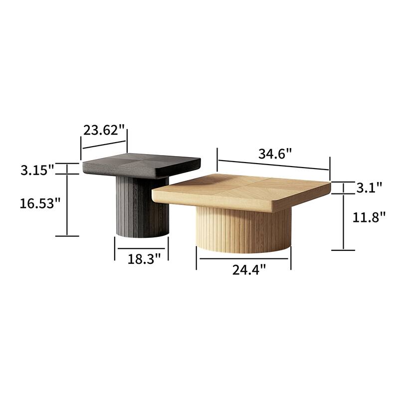 Wood Nesting Coffee Table Set, 2-Piece Coffee Table with Cylindrical Fluted Pedestal, Versatile Nesting Tables for Living Room