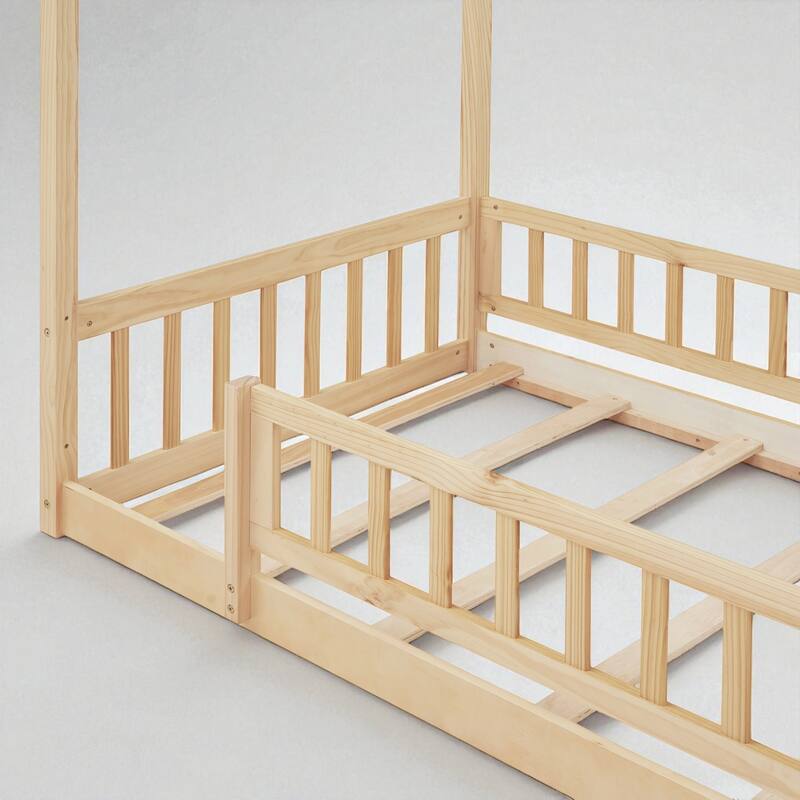 Twin/Full Size Wooden House Bed Frame with Fence and Roof, Playhouse Style for Kids and Teens