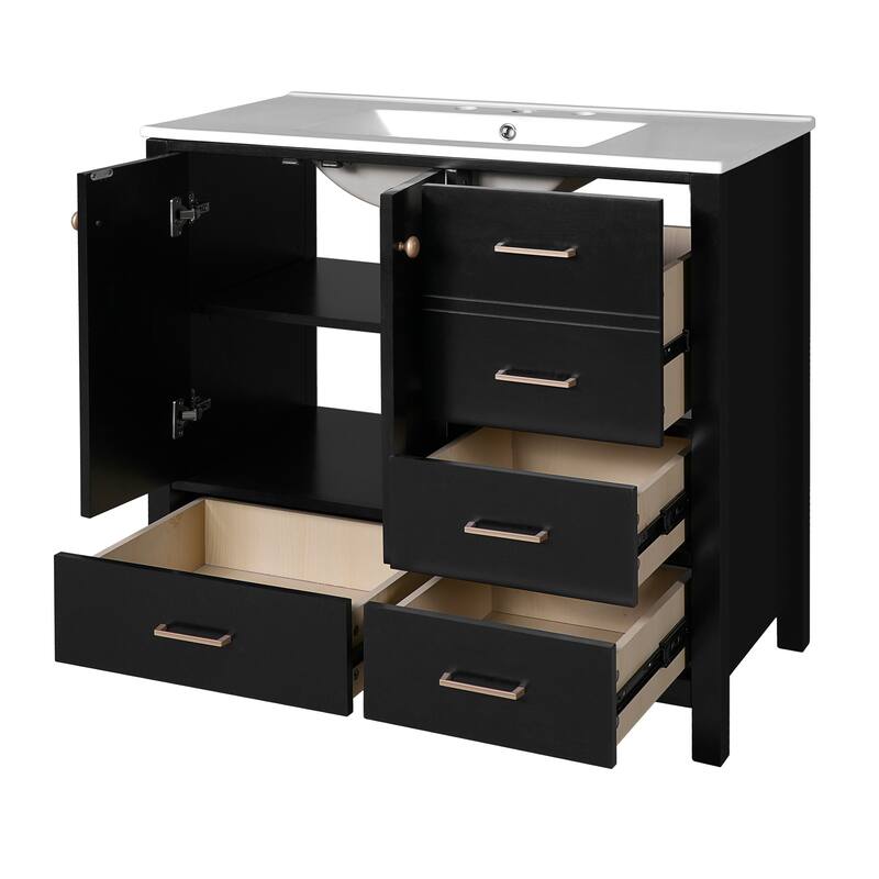 Bathroom Vanity with Ceramic Sink Combo,Freestanding Vanity Set with 4 Drawers& Soft Closing Doors