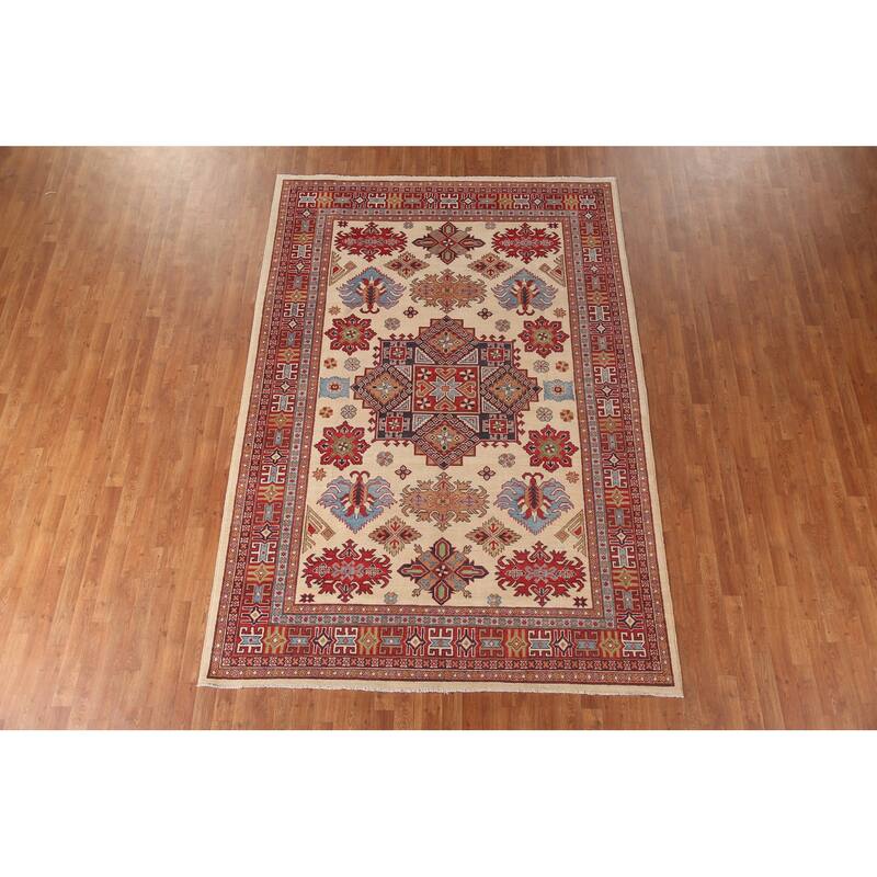 Ivory Geometric Kazak Area Rug Hand-Knotted Wool Carpet - 6'9" x 9'10"