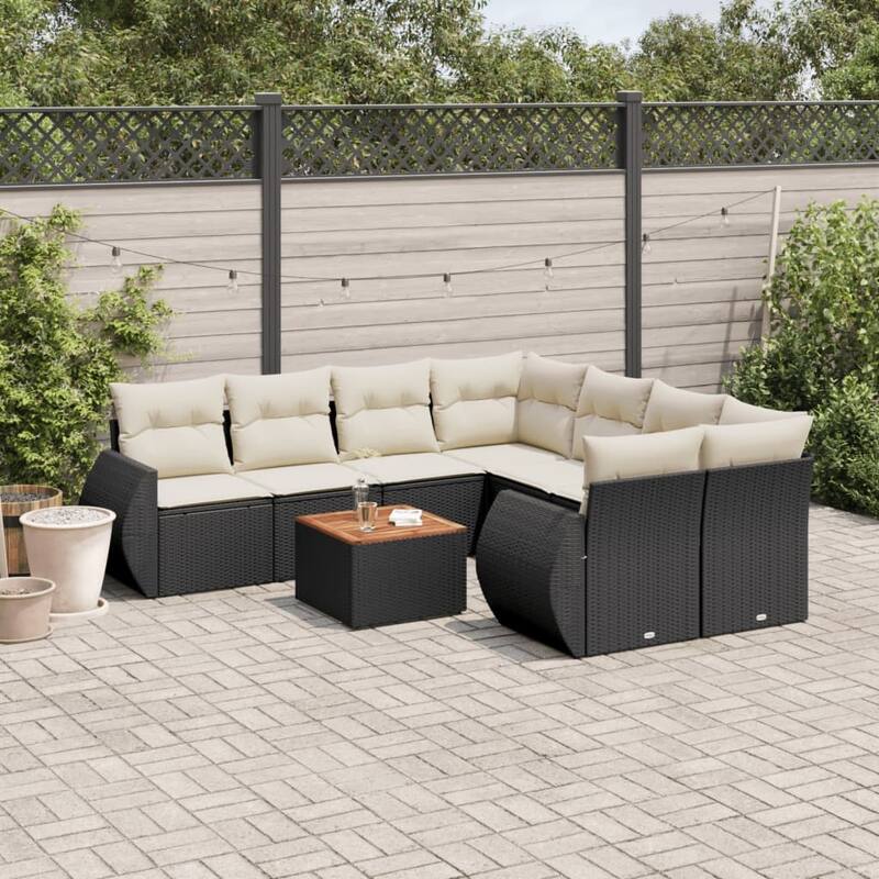 vidaXL Patio Sofa Set with Cushions Outdoor Furniture 9 Piece Poly Rattan - 24.4 x 27.6 x 27.2 - Black and Cream