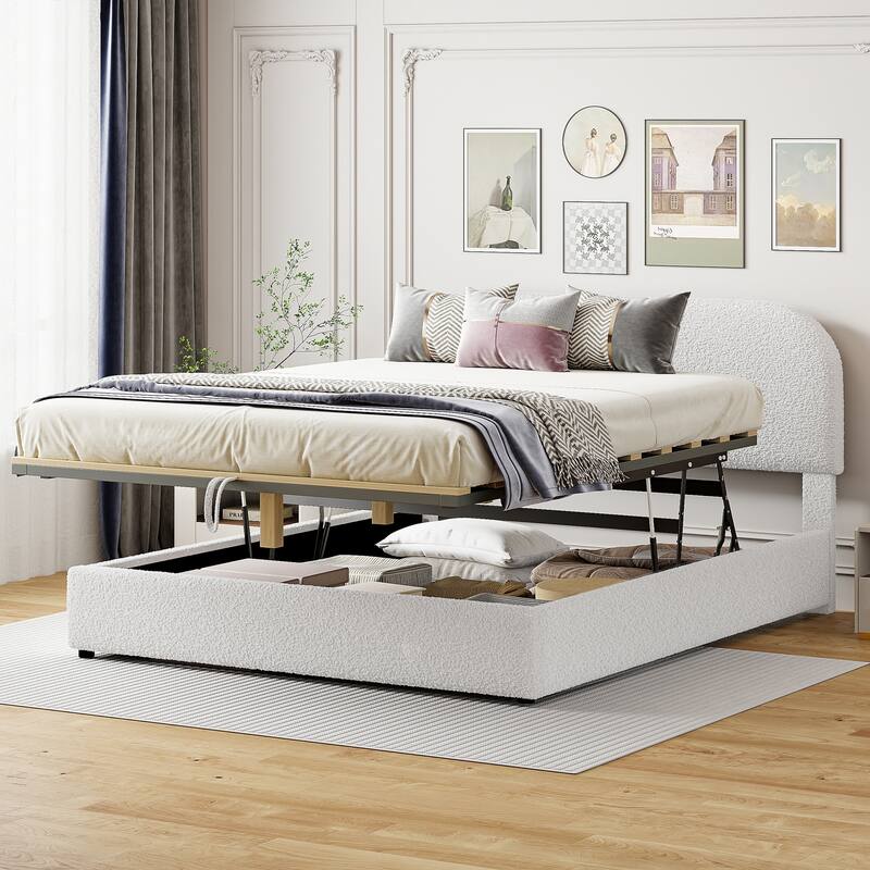 Lift Up Storage Platform Bed Frame, Teddy Fleece Low Profile Bed Hydraulic Storage System, Curved Headboard, Wood Panel Bed - White - Queen