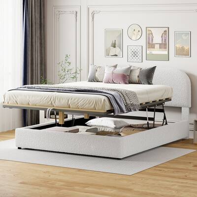 Queen Size White Teddy Fleece Upholstered Platform Bed with Hydraulic Storage System Durable MDF Frame
