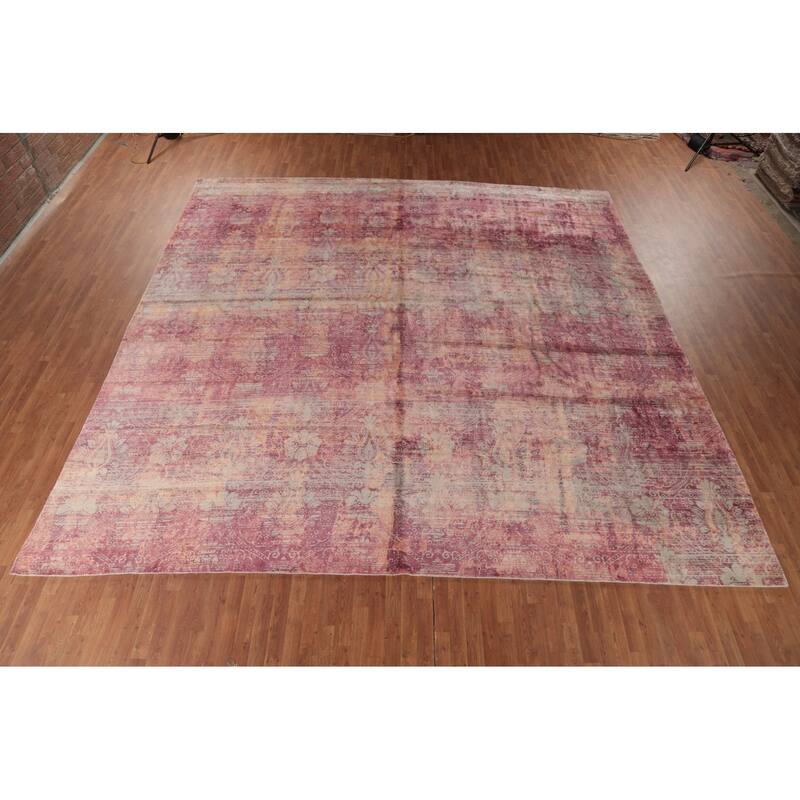 Abstract Indian Square Area Rug Handmade Silk Carpet - 13'11"x 13'9"