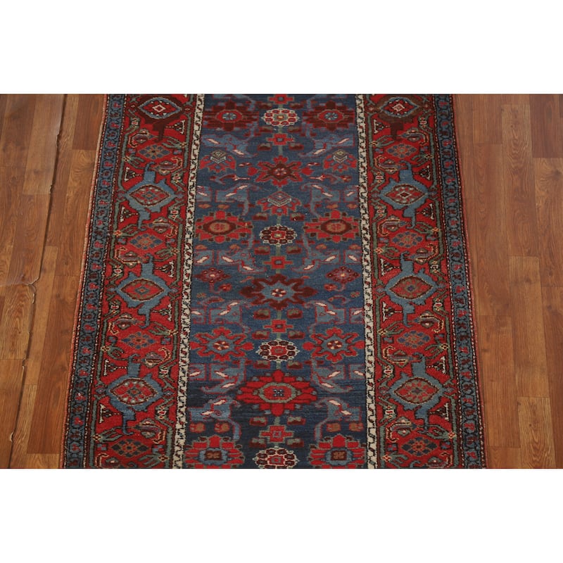 Hand Knotted Oriental 100% Wool Carpet Traditional Geometric Navy Blue & Blues Heriz Runner Rug - 15' 7'' X 3' 5''