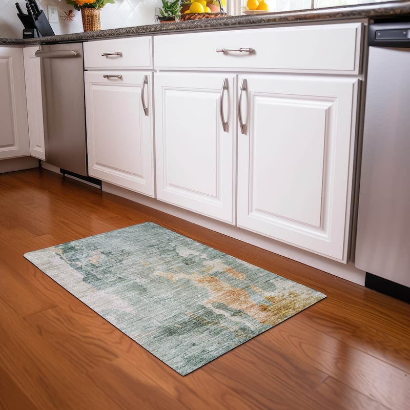 Machine Washable Indoor/ Outdoor Abstract Watercolor Chantille Rug - Seafoam - 1'8" x 2'6"