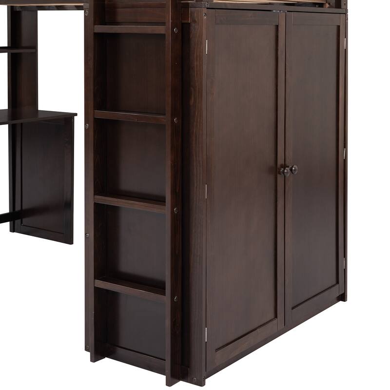 Compact Twin Loft Bed with Drawers, Desk, and Wardrobe in Espresso