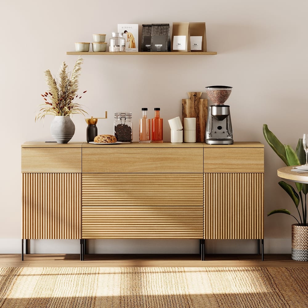 63" Wooden Reeded Sideboard With Built-In Charging Station, 3-In-1 Modern Credenza