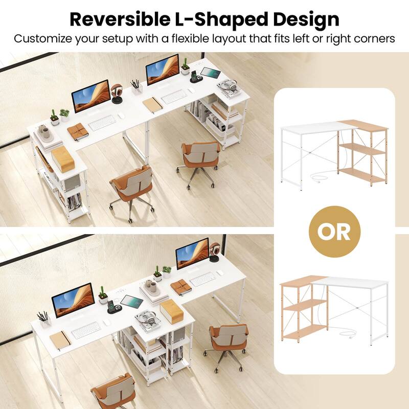 Costway L-Shaped Computer Desk with Power Outlets Adjustable shelf