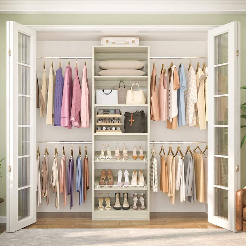 Cimly Closet Oragnizer System with Adjustable Hanging Rods, Shoe Rack, and Storage Shelves - Washed Oak