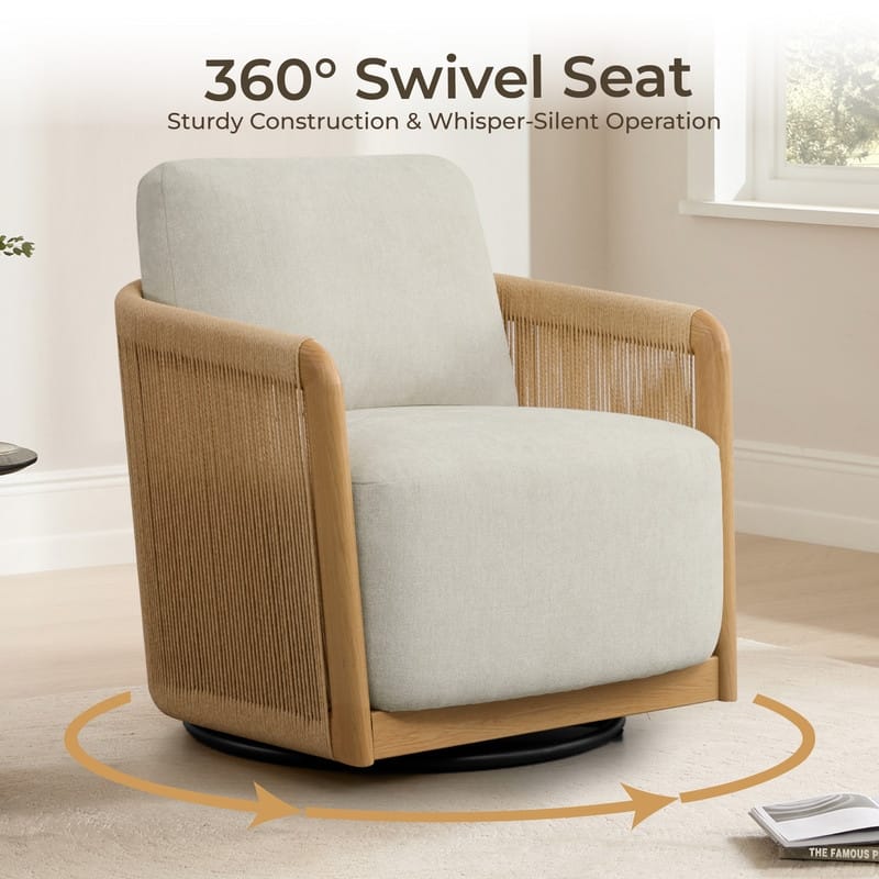 Spruce & Spring Boho Braid Swivel Accent Chair with Woven Paper Rope Armrests&Wood-Look Metal Frame