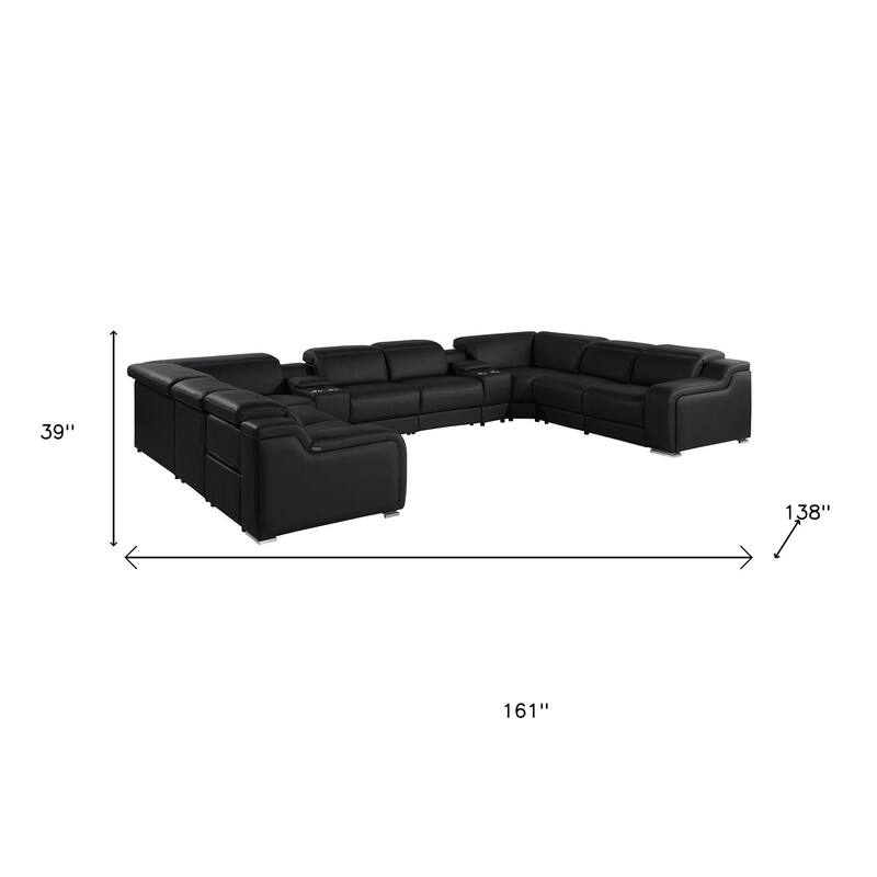 HomeRoots Black Italian Leather Power Reclining U Shaped Ten Piece Corner Sectional With Console