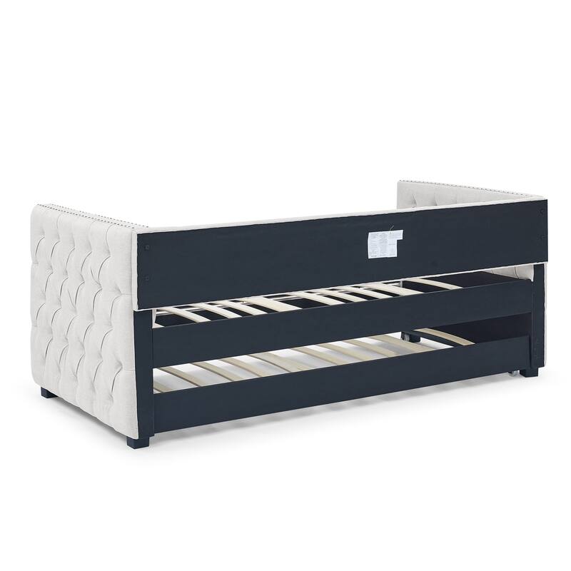 Twin Size Sofa Bed Frame with Trundle/Upholstered Daybed with Button Tufted and Nailhead Trim on Square Arms/No Spring Box Need