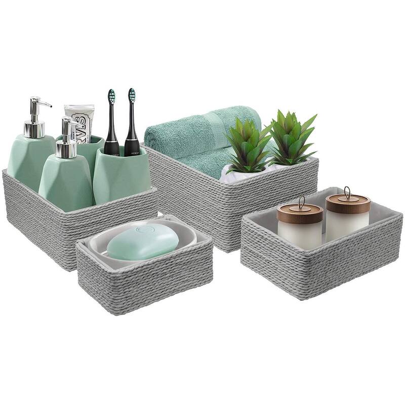 Storage Baskets 4-Piece Set - Stackable Woven Basket Paper Rope Bin Boxes (Gray)