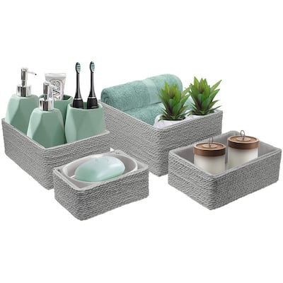 Storage Baskets 4-Piece Set - Stackable Woven Basket Paper Rope Bin Boxes (Gray)