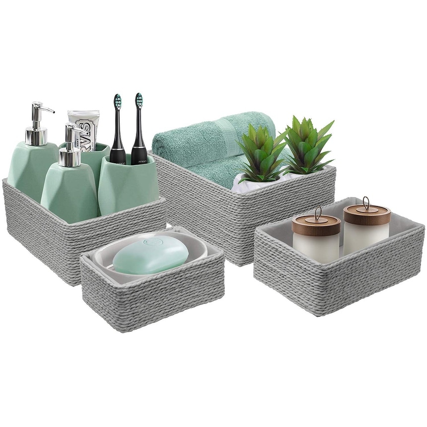 Storage Baskets 4-Piece Set - Stackable Woven Basket Paper Rope Bin Boxes (Gray)