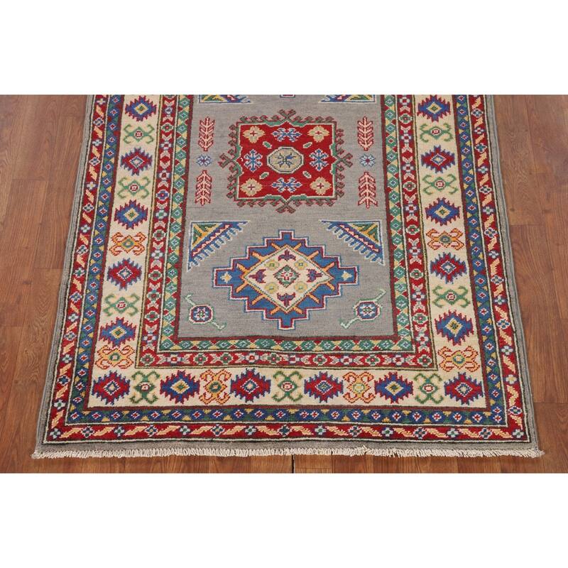 Gray Geometric Kazak Accent Rug Hand-Knotted Wool Carpet - 3'4" x 4'11"