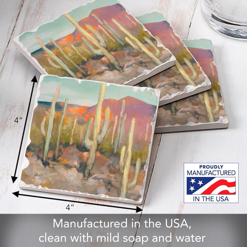 High Desert 4-Pack Absorbent Stone Coasters with Protective Cork Backing 4" Square Made in The USA Artistic Easily Wipes Clean