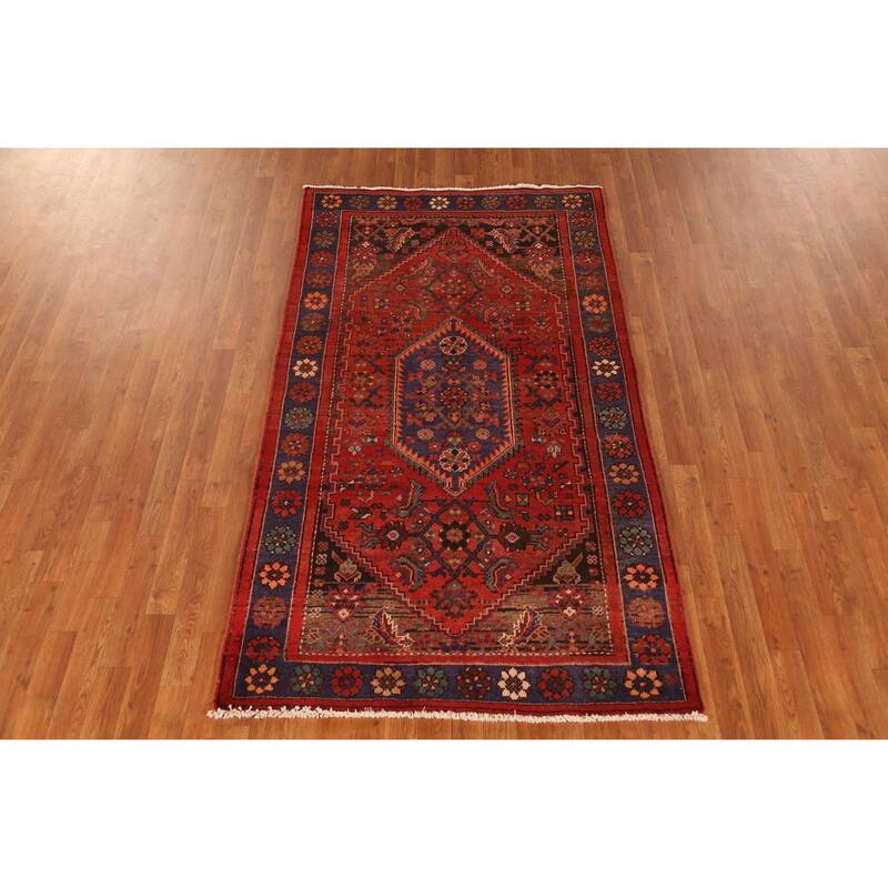 Red Hamedan Persian Vintage Rug Handmade Wool Carpet - 4'1" x 7'1"