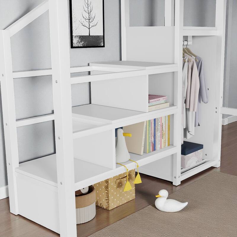 Full/Queen Size Metal Loft Bed with Stairs and Wardrobe, High Loft Bed with House-Shaped Guardrails for Kids and Teens