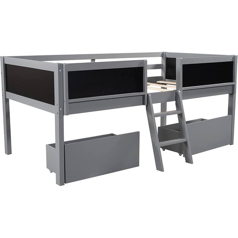Twin Size Wood Loft Bed with 2 Storage Drawers & Chalkboard