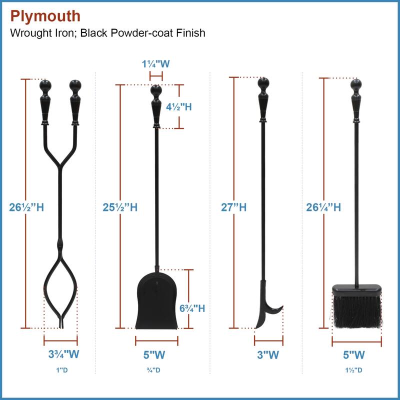 Achla Designs Plymouth Set of 4 Fireplace Tools w/Rectangular Base, 29.5 Inch Tall, Black