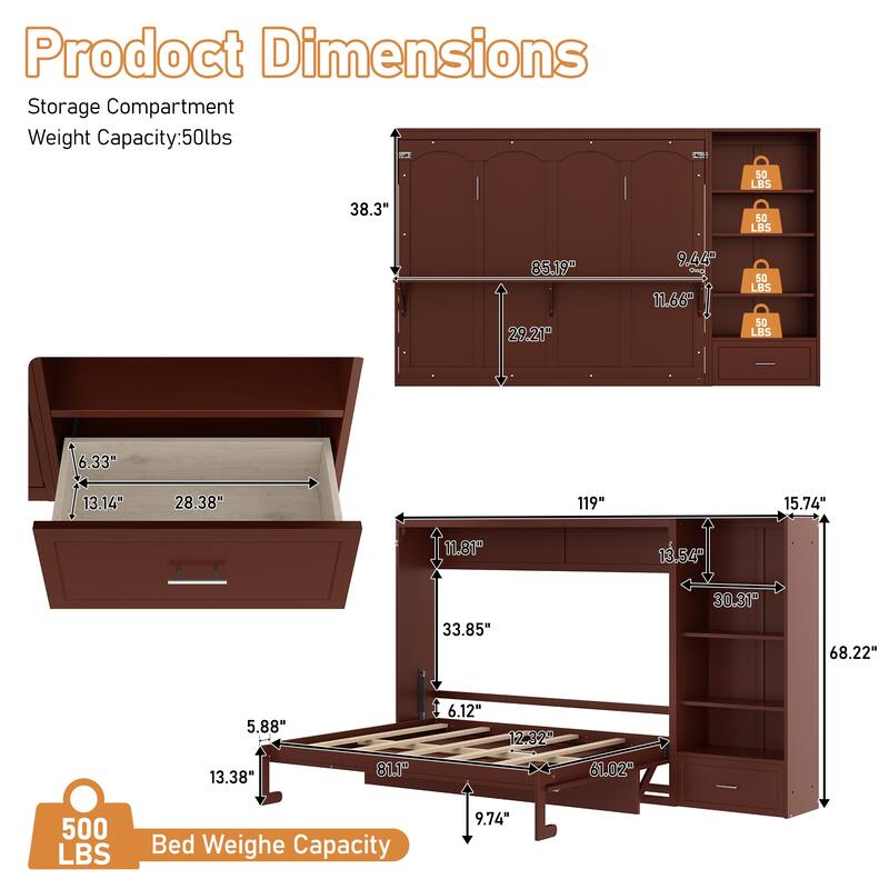 Murphy Bed Queen Size Wall Bed Heavy Duty Cabinet Bed Frame with with 4-Tier Storage Compartments 1 Drawer Convertible Bed