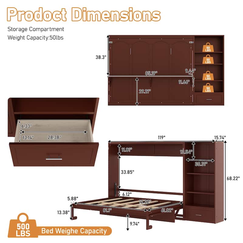 Wooden Murphy Bed Queen Size, Storage Murphy Cabinet Bed with Shelves, Drawers and Desk, No Box Spring Needed
