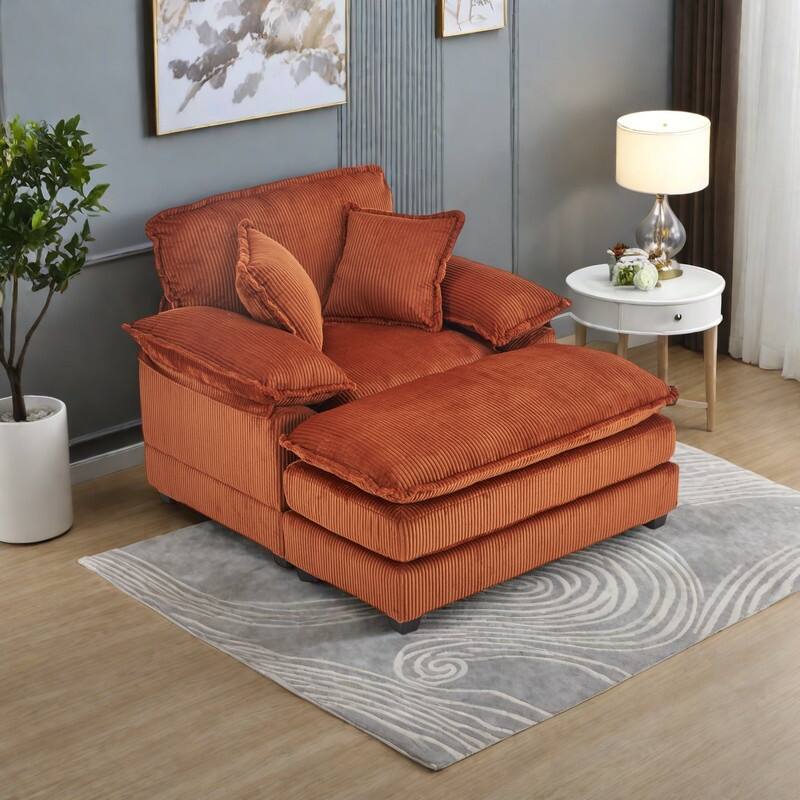 Corduroy Single Sofa Sets with Ottoman and 2 Toss Pillows, Deep Seat Design - Orange