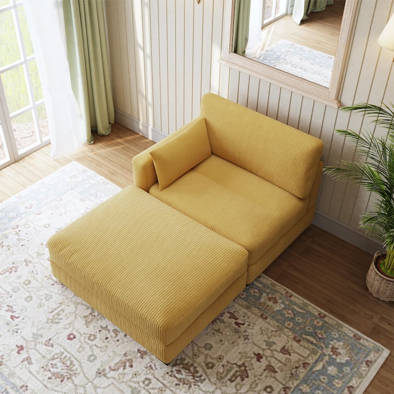 Modern Corduroy Upholstered Sectional Chaise Lounge with Ottoman