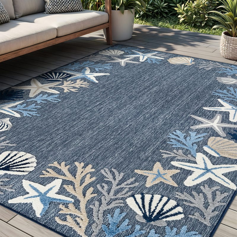 World Rug Gallery Indoor/Outdoor High-Low Textured Area Rug, Coastal Border Easy-Clean Patio Rug