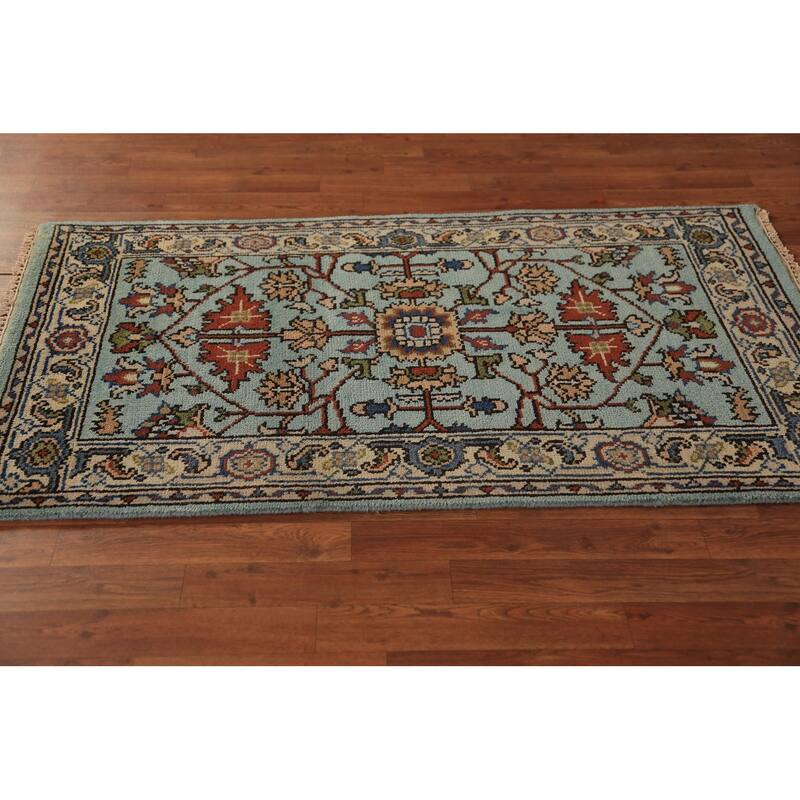 Light Blue Oushak Indian Foyer Rug Handmade Wool Carpet - 2'11"x 5'1"