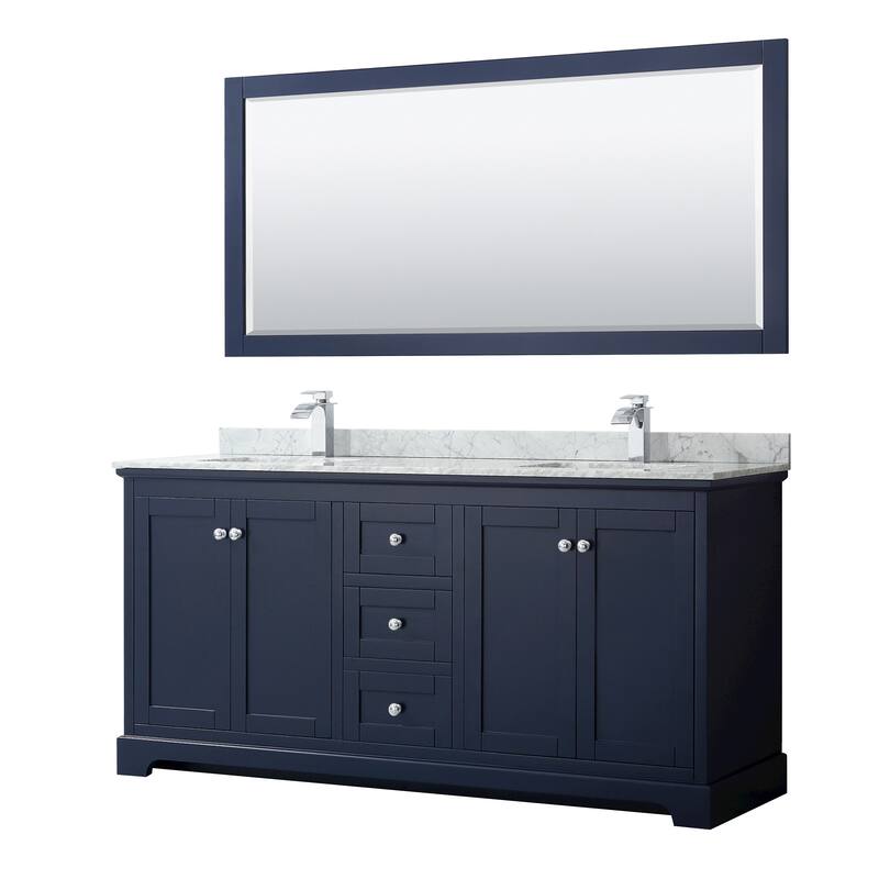 Avery 72-inch Double Vanity, Marble Top, Square Sinks, 70-inch Mirror - Dark Blue, Chrome Trim, White Carrara Marble Top