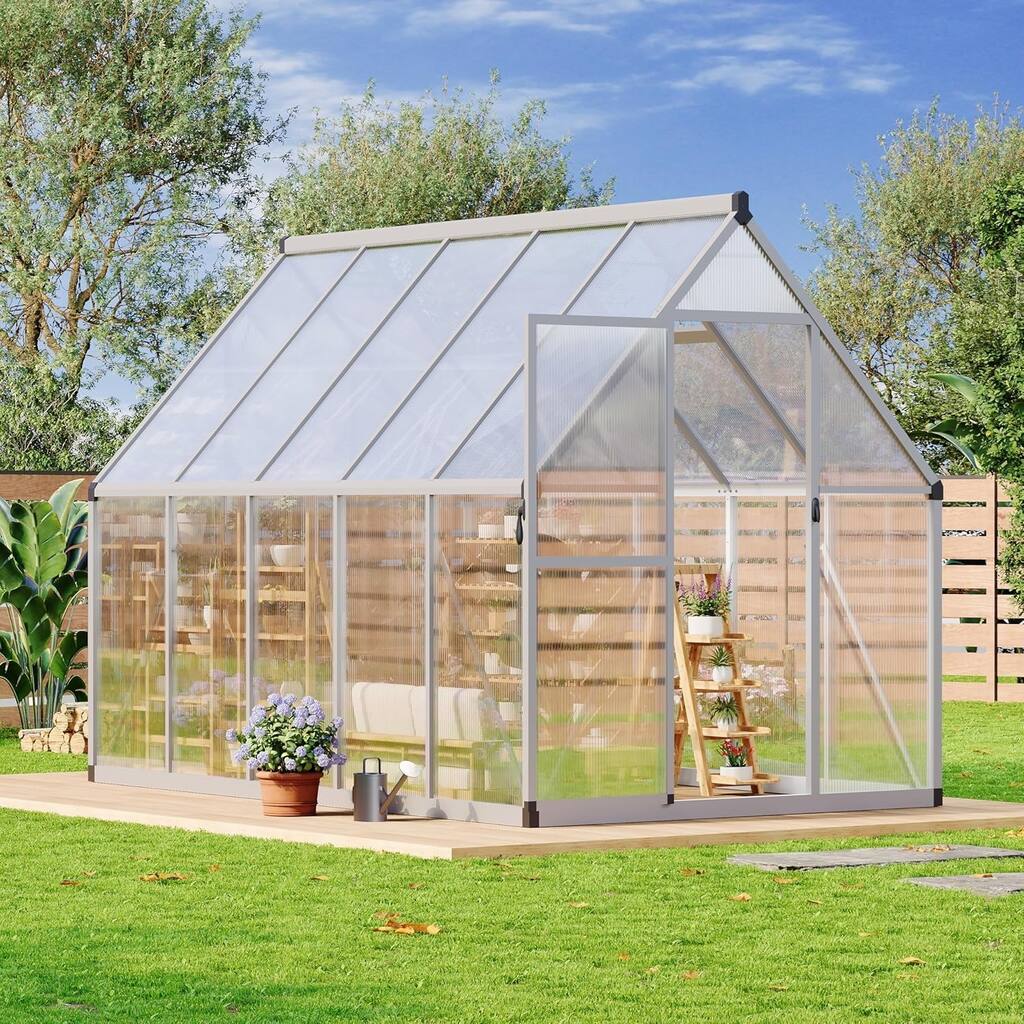 6x9FT Aluminum-Framed Polycarbonate Greenhouse Kit, Sliver - 6*9FT