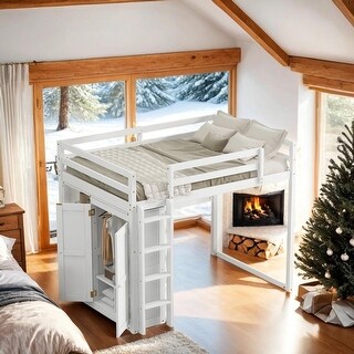 Wood Full Size Loft Bed with Wardrobe and Storage Shelves, White