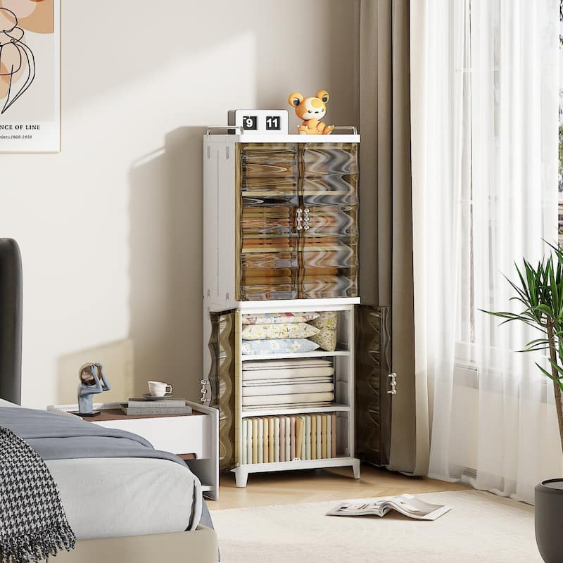 VECELO 2/3-Tier Plastic Storage Cabinet with Transparent Tea-Colored Doors Quick No-Tools Assembly Multi-Purpose Organization