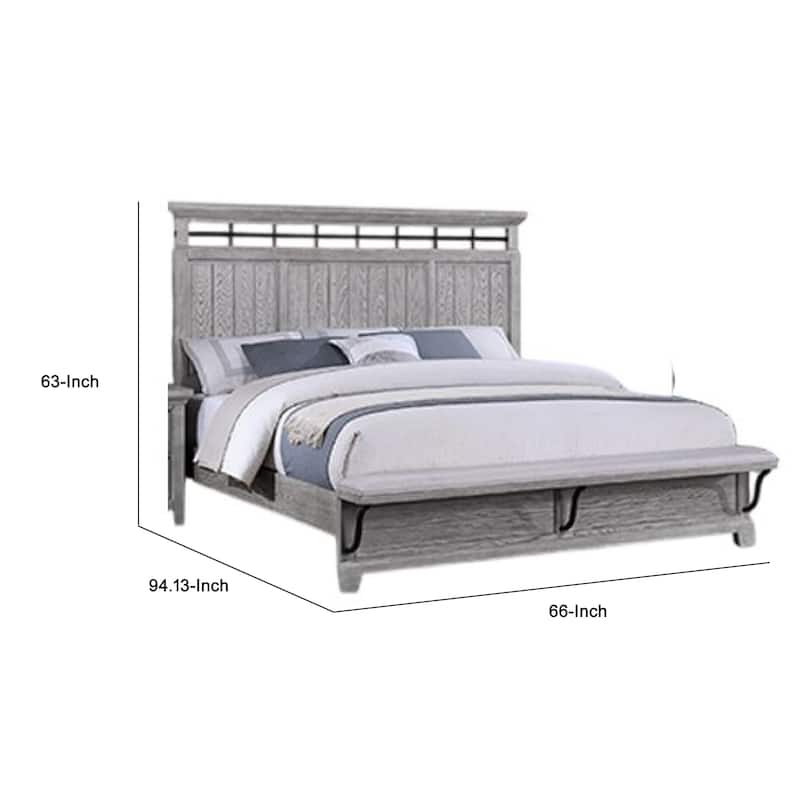 Bix Queen Size Bed w Upholstered Footboard, Light Gray Wood Grain