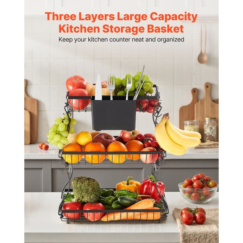 Kitchen Countertop Fruit Storage Rack 3-Tier Matte Black Wire Basket with Side Storage Pouches - 15.16” x 9.06” x 17.91”