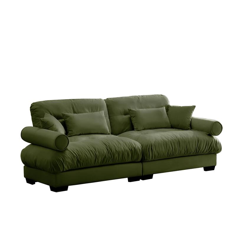 Anmytek Olive Green Large Modern Velvet 2-Seater Sofa with Bolstered Armrests Waist Pillows Throw Pillows