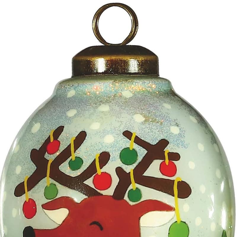 Festive Glitter Reindeer with Lights Hand Painted Mouth Blown Glass Ornament - 4" x 2.5" x 2.5"