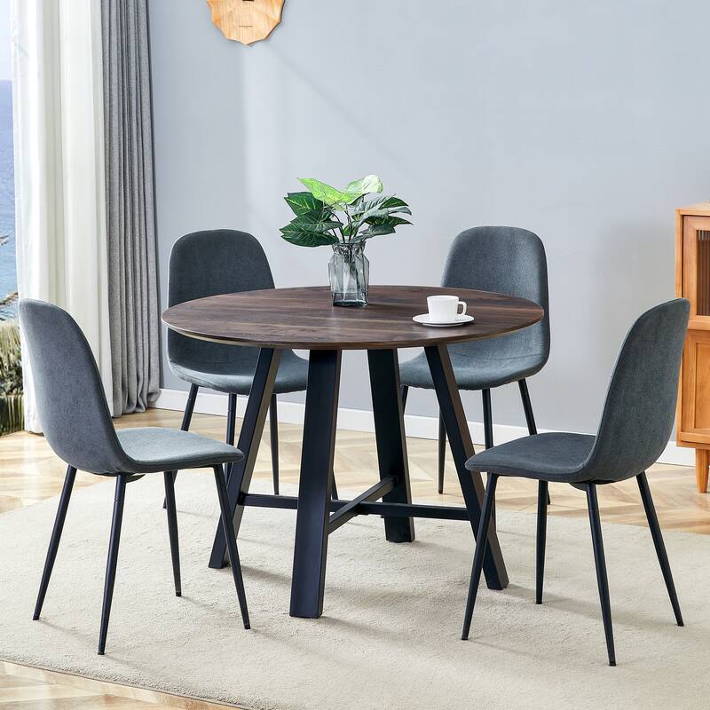 5-Piece Round Dining Set Office Table Set, Dining Table Coffee Table Dining Chairs Office Chairs with Metal Legs - Black Dark Gray Walnut