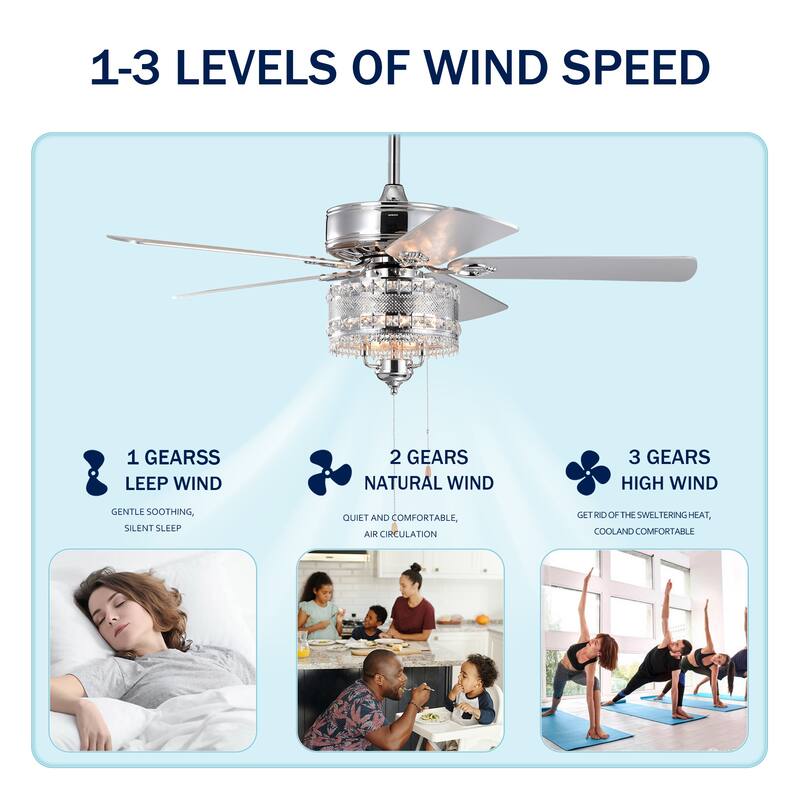 52'' Classical Crystal Ceiling Fan Lamp 5 Reversible Blades,Chrome(Hand Pull Chain)