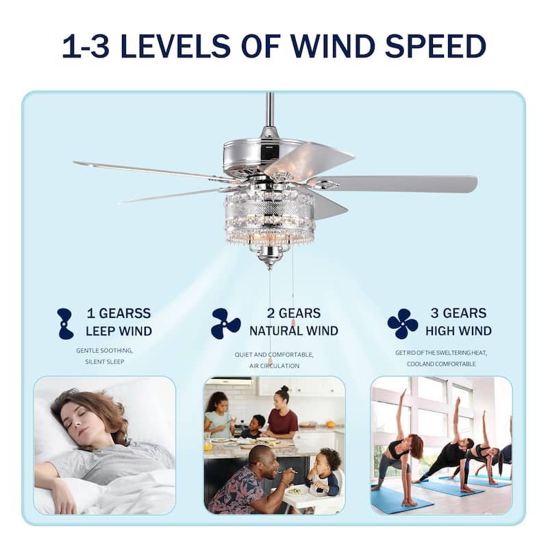 Sofucor 52" Ceiling Fan with Light Remote, Classical Crystal Chandelier fan, 5 Reversible Blades & Reverse Airflow - 52 Inches