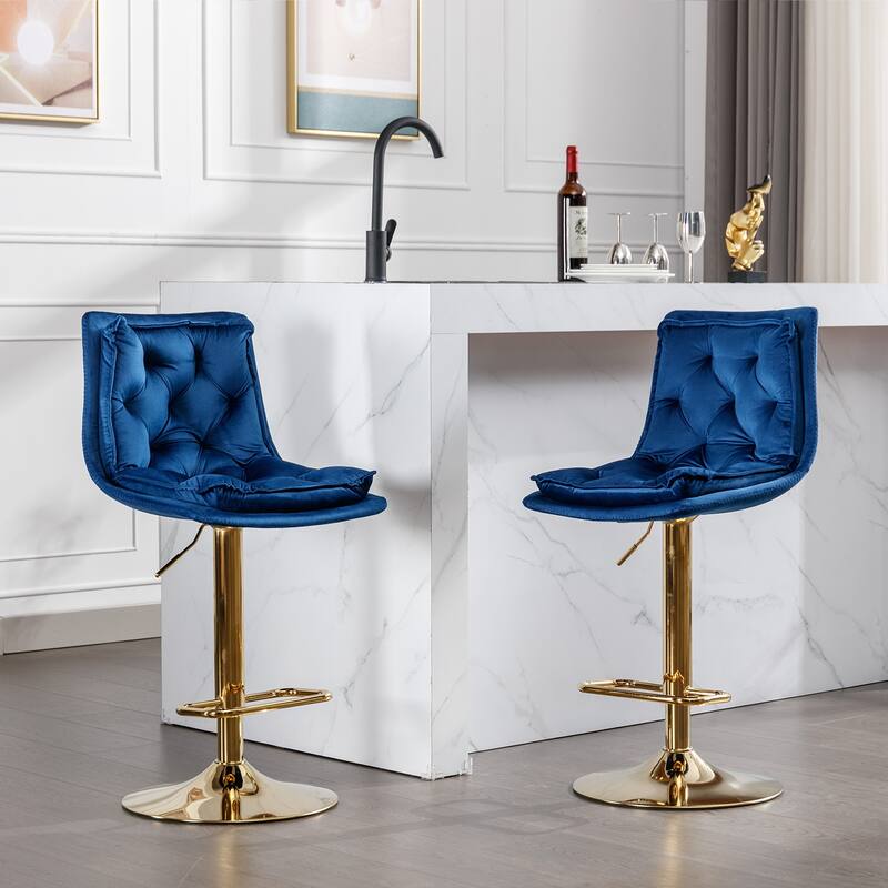 Set of 2 Bar Stools,with Chrome Footrest,Base Swivel Height Adjustable Mechanical Lifting Velvet + Golden Leg Simple Bar Stool